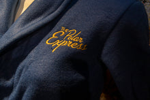 Load image into Gallery viewer, The Polar Express robe. The words "The Polar Express" are embroidered on upper left while the right bottom pocket features a bell design and "Believe" embroidery
