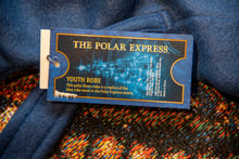 Load image into Gallery viewer, The Polar Express robe. The words "The Polar Express" are embroidered on upper left while the right bottom pocket features a bell design and "Believe" tag
